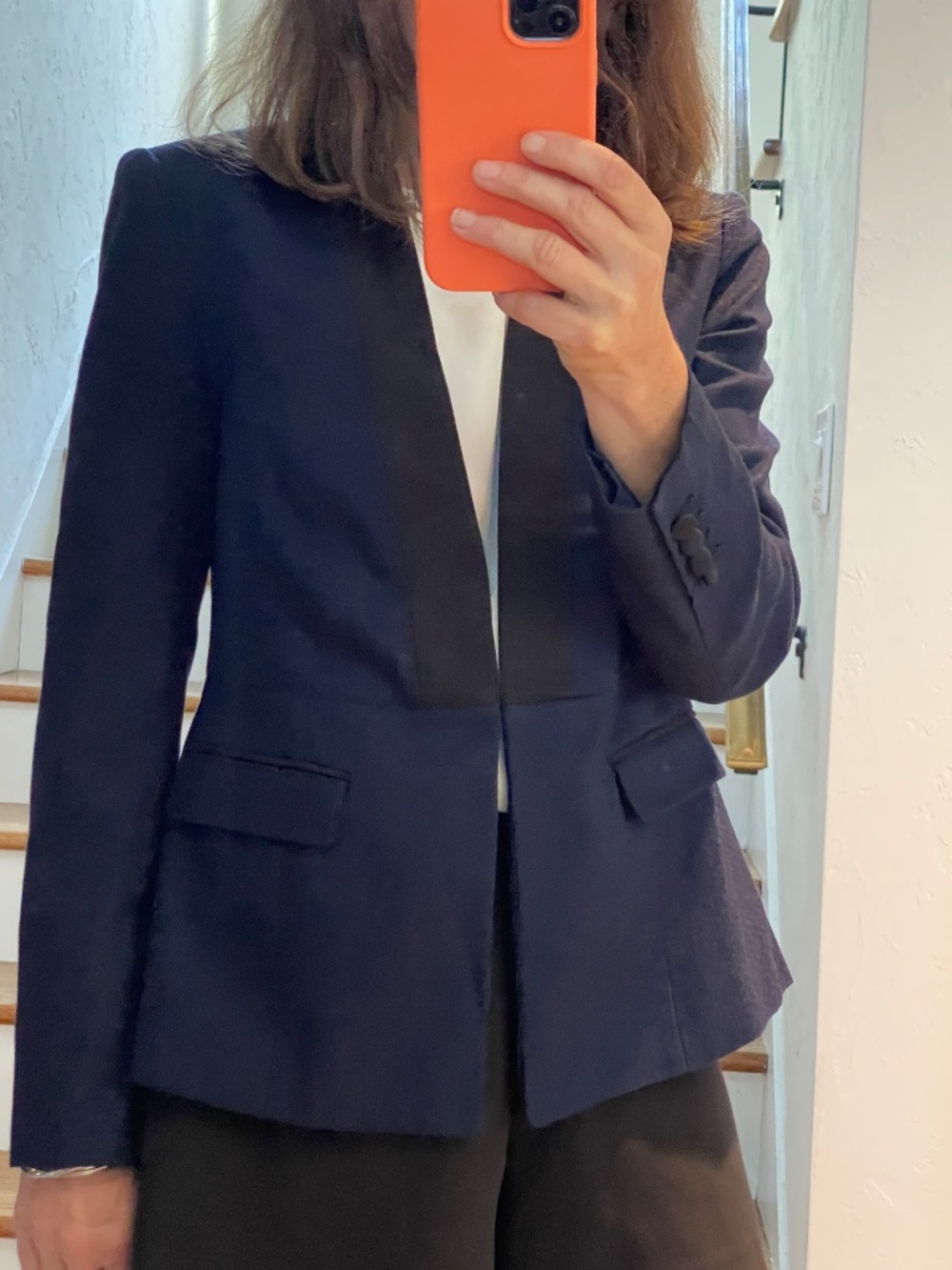 Banana Republic dark navy open front collarless cotton blazer women 6P